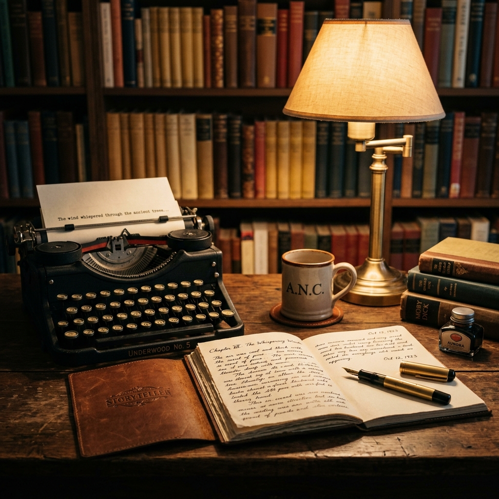 Creative writing environment featuring vintage typewriter and books